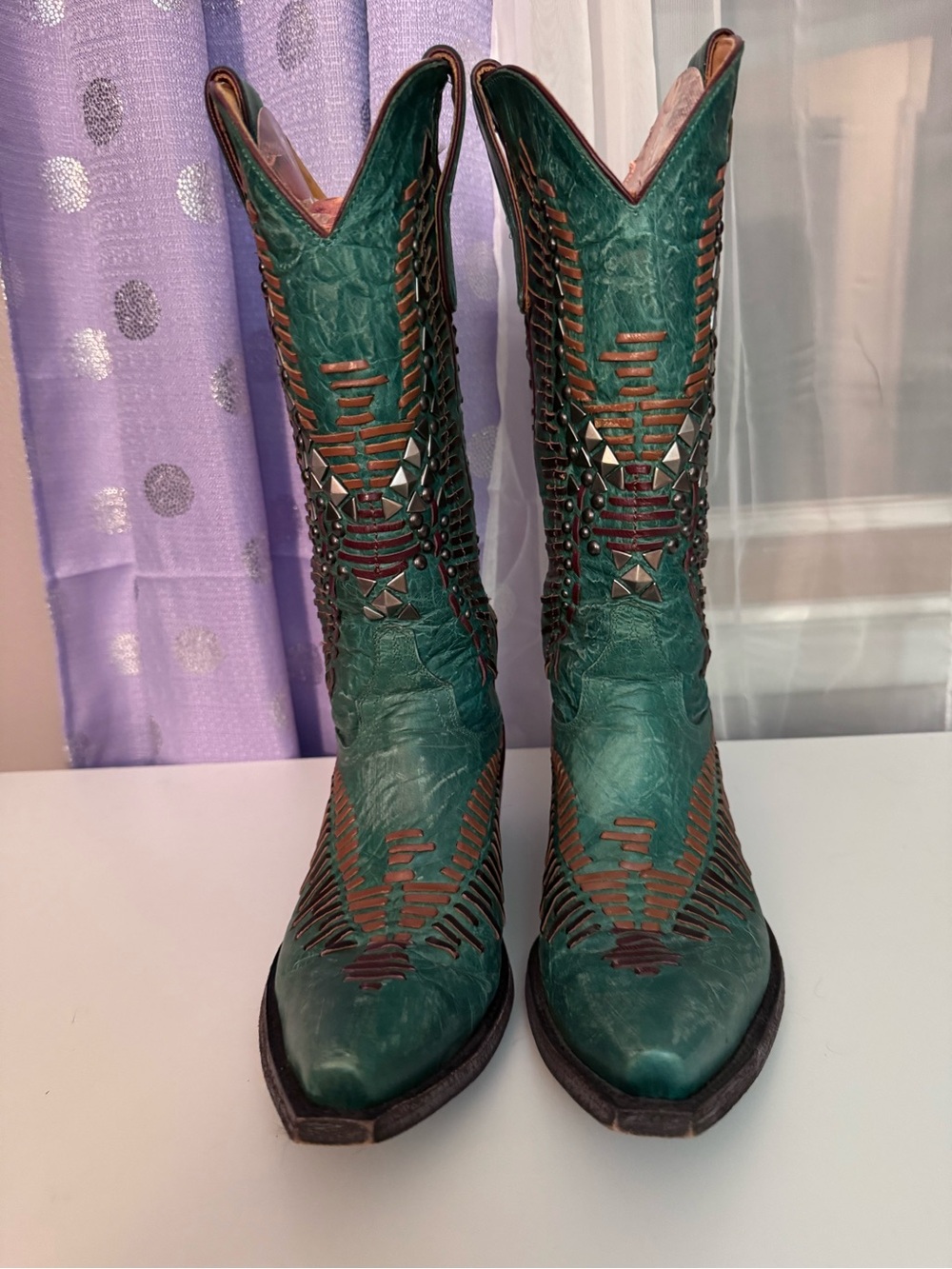 Old Gringo Teal Leather Western Boots with Brown Lace Detail